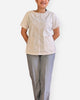 Jenny Style - Beige pinstripe seer sucker w/ White Piping + Black Pants (On Hand)