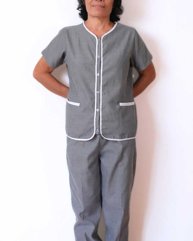 Rose Full Buttons Black with White Piping + Black Pants (on hand